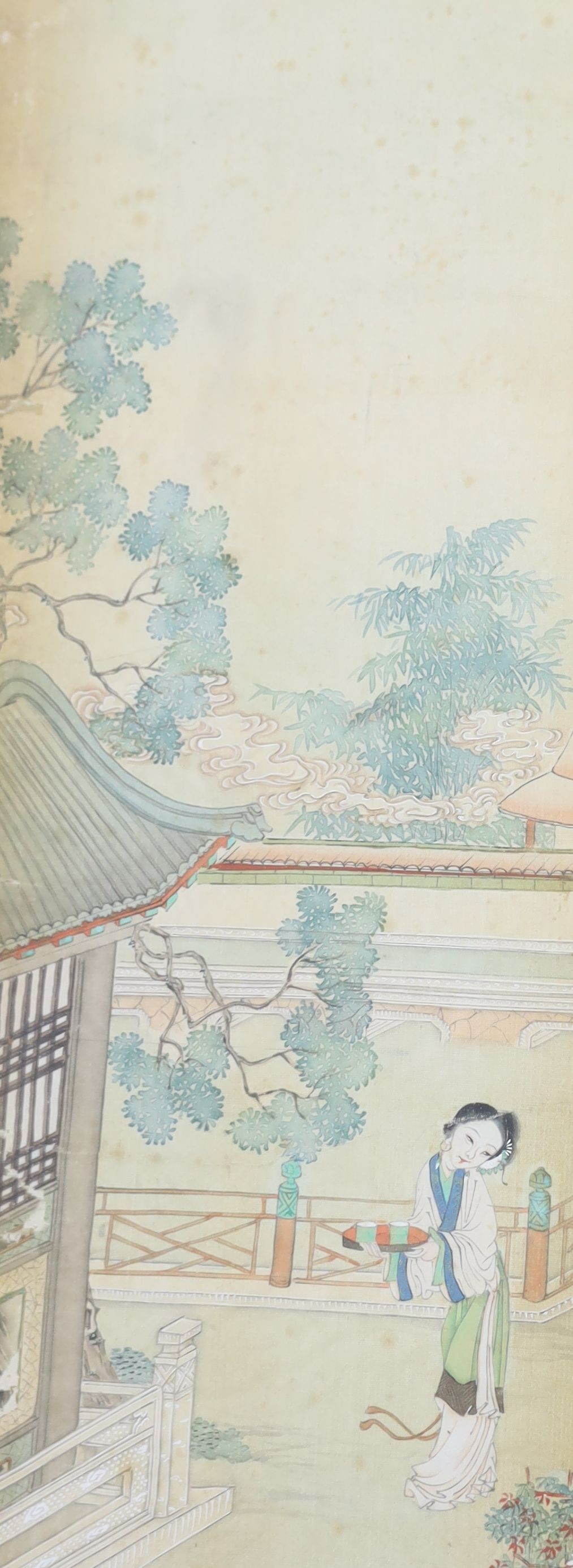 A set of four Chinese paintings on silk of ladies in pavilion gardens, 19th century each image 82 cm x 18.5 cm, damage